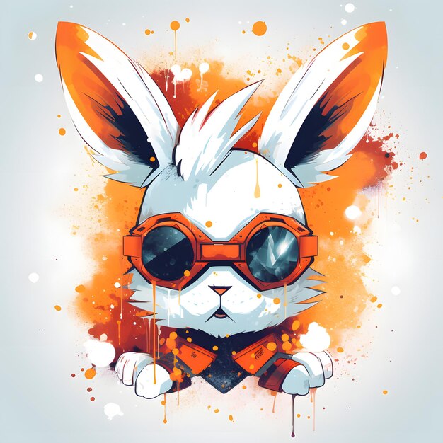 Kaninchen mit Sonnenbrille und Fliege, umgeben von Farbspritzern. Generative KI