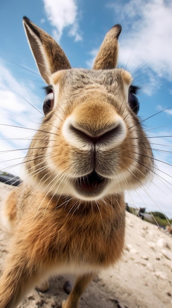 Kaninchen oder Hase berühren die Kamera und machen ein Selfie.