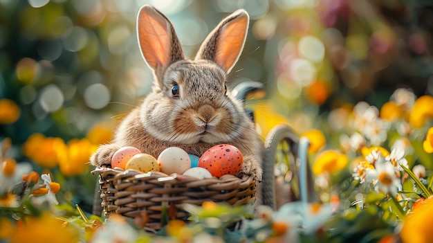 Kaninchen Schönheitskunstdesign des niedlichen kleinen Osterhäschens auf der Wiese Frühlingsblumen und grünes Gras Sonnenstrahlen