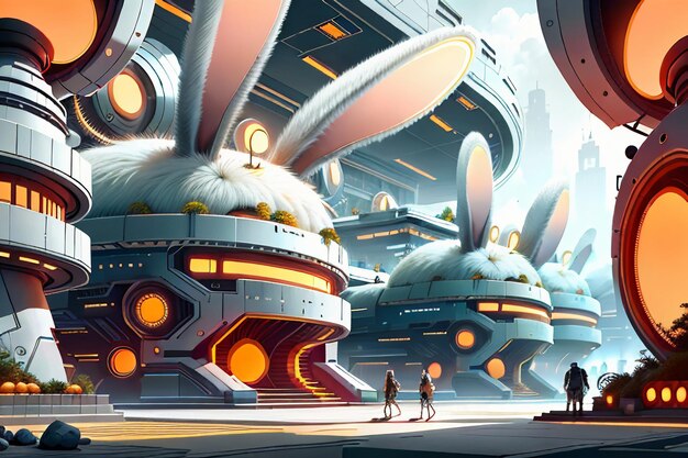 Kaninchen-Science-Fiction-Stadtbasis, Zukunftstechnologie-Entwicklungskonzept-Stil, Tapetenhintergrund
