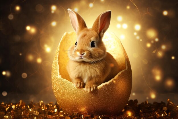 Foto kaninchen sitzt in einem goldenen ei