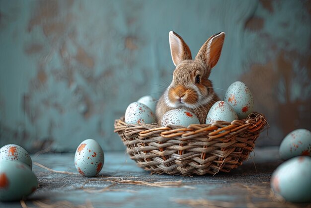 Kaninchen sitzt in einem Korb voller Ostereier