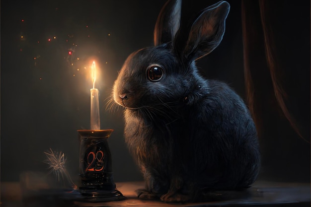 Kaninchen sitzt neben einer Kerze auf einem Tisch. Generative KI