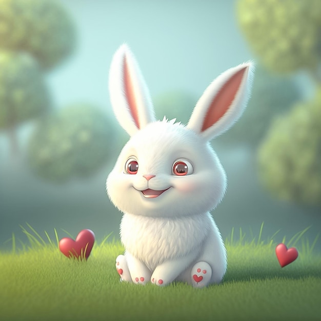 Kaninchen sitzt und lächelt auf einem weißen Hintergrund, der von der KI generiert wurde