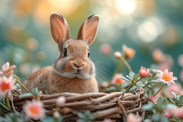 Foto kaninchen sitzt zu ostern in einem blumenkorb