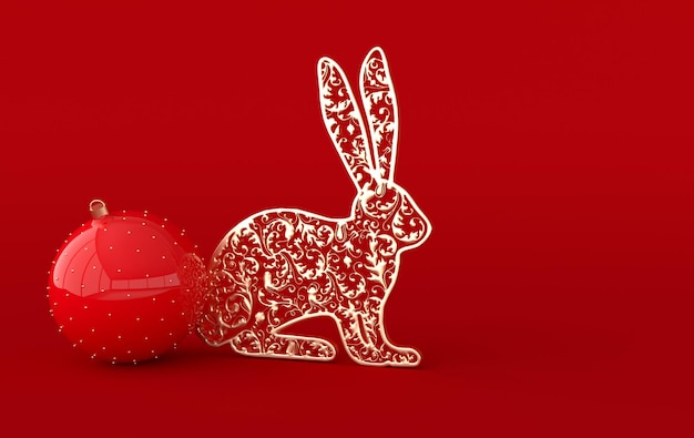 Kaninchen Sternzeichen und Weihnachtskugel auf rotem Hintergrund Asiatisches goldenes Kaninchen Chinesisches Neujahr 2023