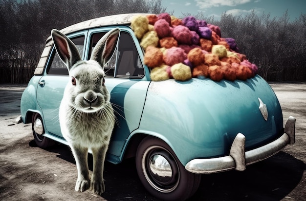 Kaninchen und bunte Eier mit Vitage-Auto für das Osterfest. Ai-Generativ
