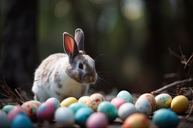 Kaninchen und Ostereier im Wald Selektiven Fokus KI generiert