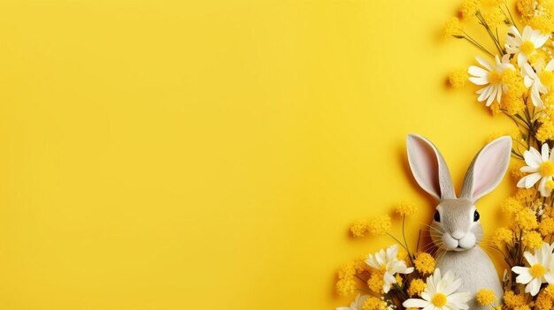 Kaninchen unter Frühlingsblumen auf gelbem Hintergrund