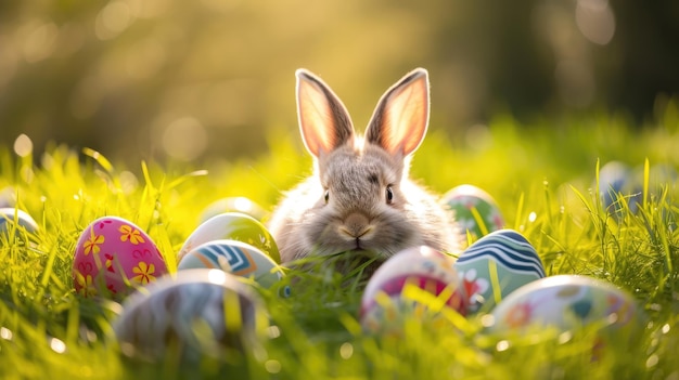 Kaninchen unter Ostereiern auf einem natürlichen Grasland