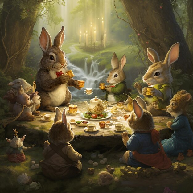 Kaninchen veranstaltet eine Teeparty für eine Gruppe von Waldtieren