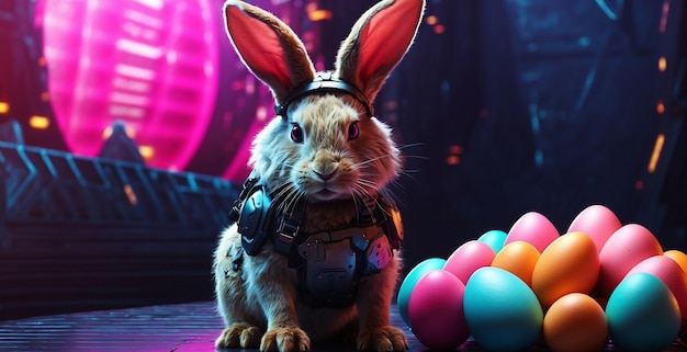 Kaninchenfigur im Cyberpunk-Stil Ostereier rund um auf Zukunfts-Hintergrund