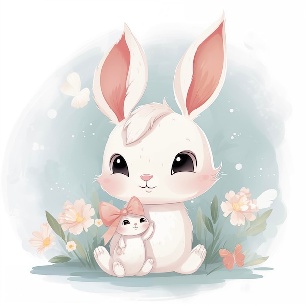 Kaninchenmutter mit Kind in Blumen