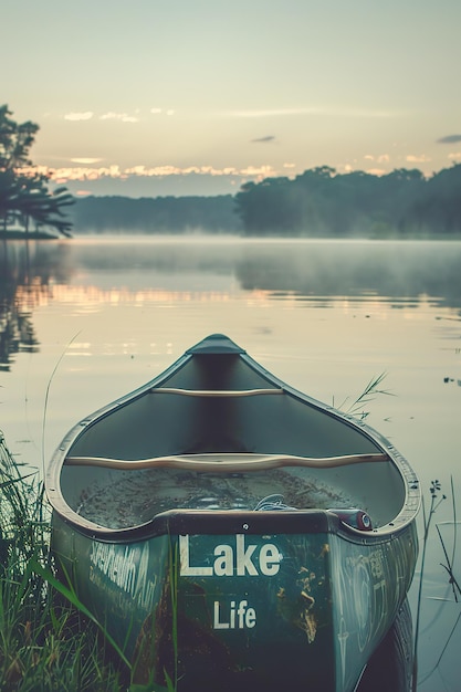 Kanu auf einem nebligen See mit dem Text Lake Life