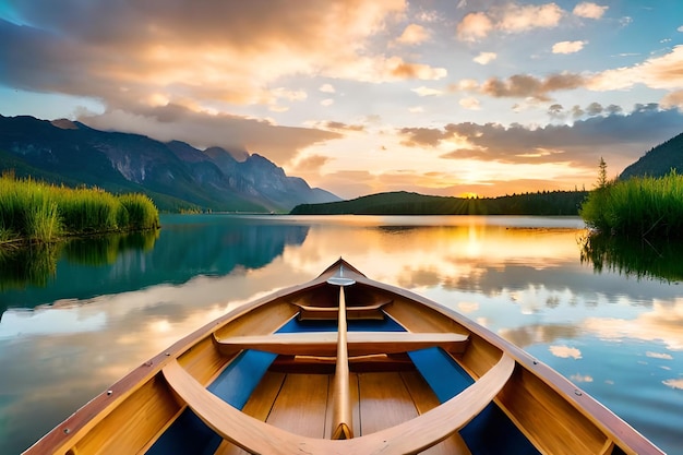 Kanu auf einem See mit Bergen im Hintergrund