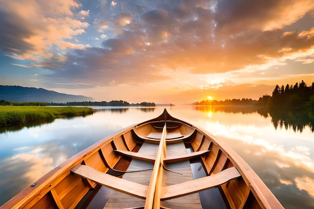Kanu auf einem See mit einem Sonnenuntergang im Hintergrund