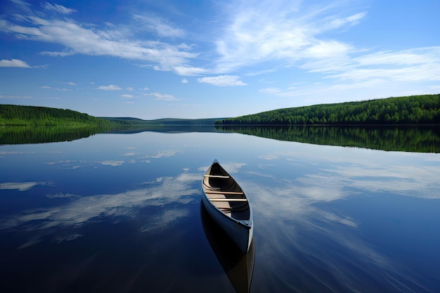 Kanu auf glasklarem See mit ruhigen Spiegelungen und heiterem blauen Himmel, erstellt mit generativer KI