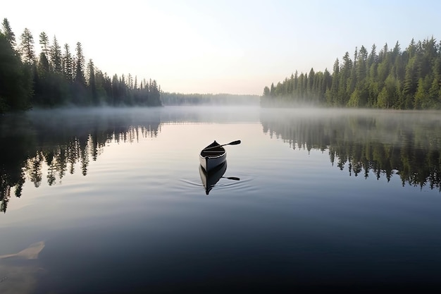 Kanu und Kajak paddeln durch einen ruhigen, ruhigen See, der mit generativer KI geschaffen wurde