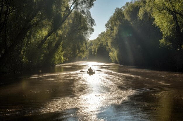 Kanufahrer paddeln einen ruhigen Fluss hinunter, dessen Wasser im Sonnenlicht glitzert, das mit generativer KI erzeugt wurde