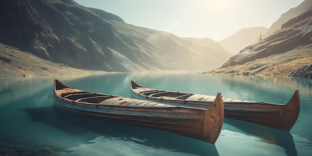 Kanus in einem See mit Bergen im Hintergrund