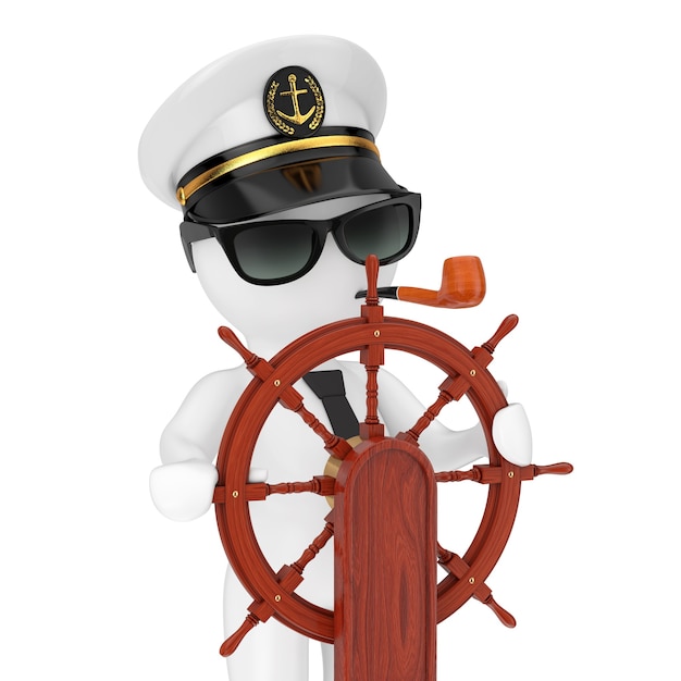 Kapitän Cartoon Charakter in Navy Schiff Kapitän Hut mit Pfeife und Sonnenbrille in der Nähe von Vintage Holzschiff Lenkrad mit Ständer auf weißem Hintergrund. 3D-Rendering