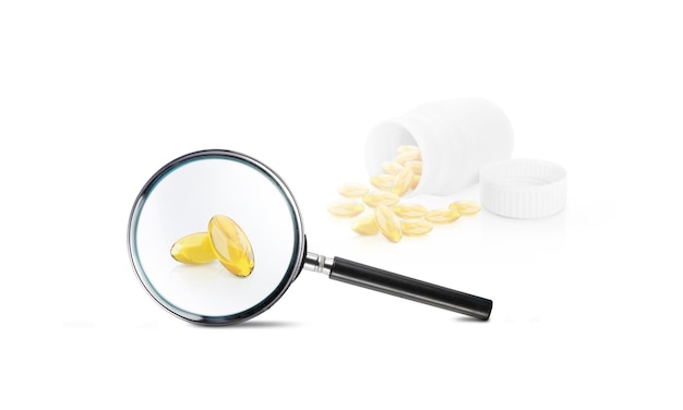 Kapseln mit gelber Medizin und einer Lupe auf weißem Hintergrund Forschung und Prüfung der Arzneimittelwirksamkeit Suche nach den erforderlichen Arzneimitteln Labor