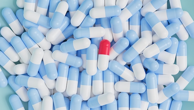 Kapselpillen auf blauem Hintergrund, medizinisches Konzept des Gesundheitswesens, Antibiotika und Heilung, 3D-Rendering
