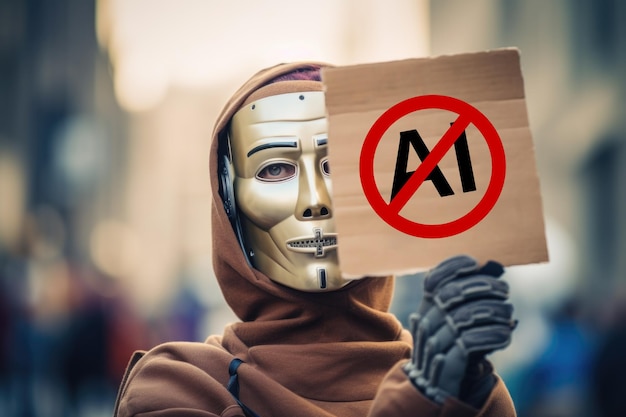 Foto kapuzenfigur in robotermaske mit anti-ki-protestschild