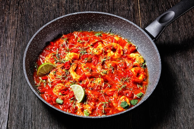 Karahi de gambas - curry de camarones con tomate paquistaní con jugo de limón, chile rojo y pasta de curry rojo servido en una sartén con cilantro fresco sobre un fondo de madera oscura con una toalla de lino, vista superior, primer plano