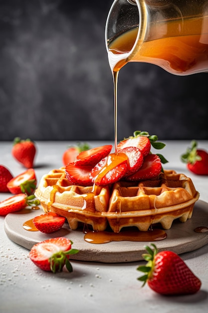 Karamell gießt aus dem Glas auf frisch gebackene traditionelle belgische Waffeln mit Erdbeeren. Köstliches Essen