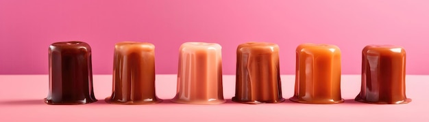 Foto karamellbonbons stehen auf einem weiß-rosa hintergrund mit farbverlauf und generativer ki mit breitem panorama