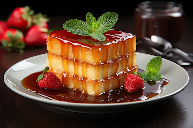 Karamellisierter Pudding mit frischen Erdbeeren und Minze IA