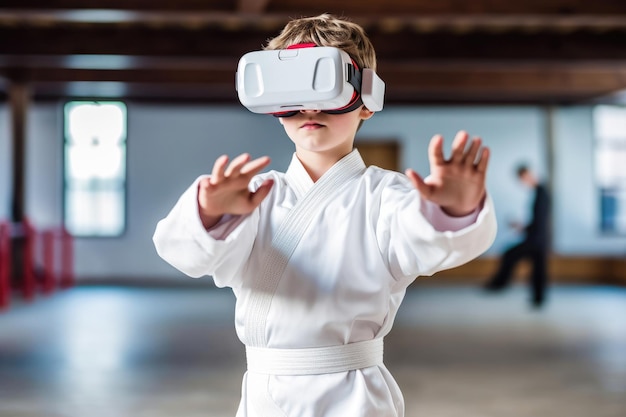 Karate-Junge in virtueller 3D-Brille Modernes Technologiekonzept Generative KI