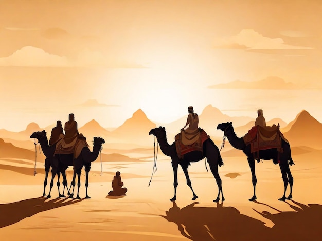 Karawane im Wüsten-Hintergrund arabische Menschen und Kamele Silhouetten im Sand Karawane mit Kamel Camelcade Silhouette Reise in die Sandwüste Illustration