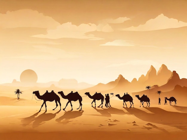 Karawane im Wüsten-Hintergrund arabische Menschen und Kamele Silhouetten im Sand Karawane mit Kamel Camelcade Silhouette Reise in die Sandwüste Illustration