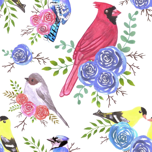 Kardinäle, Büschtiete, Blaue Jays und Goldfinche auf Rosenblüten
