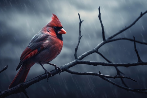 Kardinal thront auf einem Ast vor einem düsteren, bewölkten Himmel