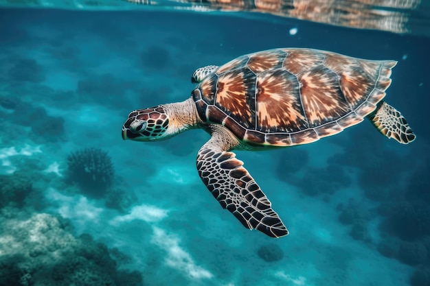 Karettschildkröte gleitet anmutig durch das kristallklare Wasser des Ozeans