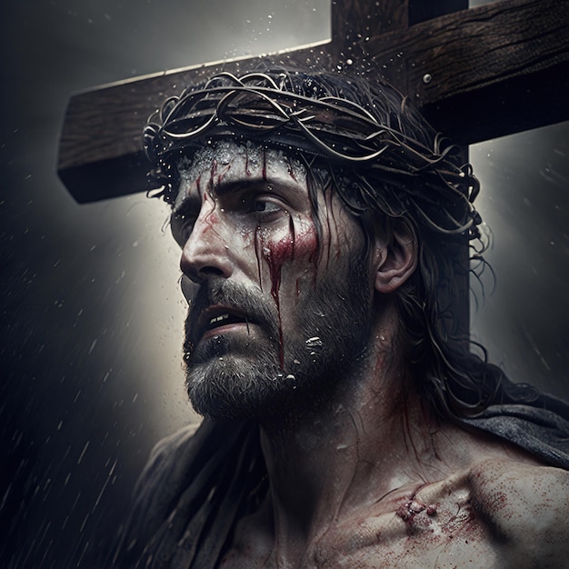 Karfreitagsdesign Jesus Christus mit Dornenkronenkreuzen und leerem Grab mit Kreuzigung