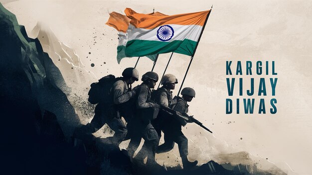 Foto kargil vijay diwas día de la victoria de kargil silueta del ejército indio con la bandera