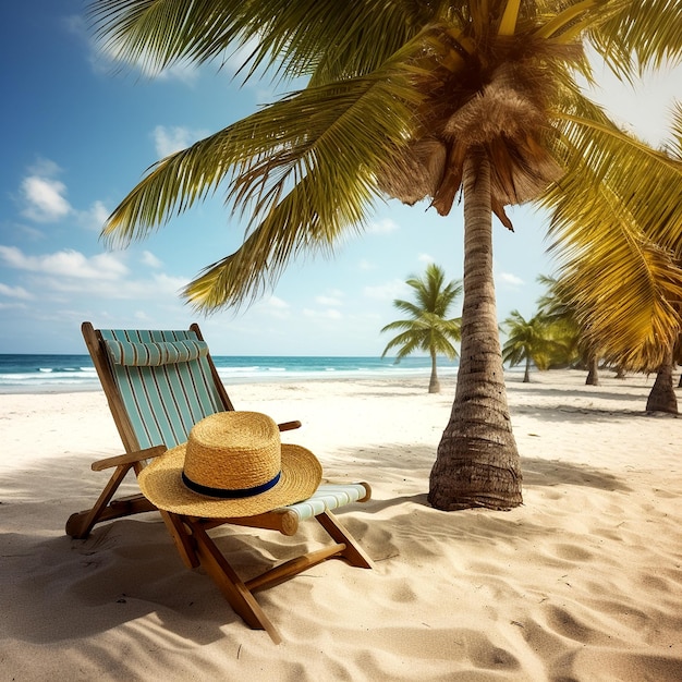 Karibischer Strand mit Palmen und Sessel im Sand