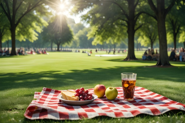 Karierte Picknicktischdecke mit einem köstlichen Snack mit Blick auf einen wunderschönen Park an einem sonnigen Tag