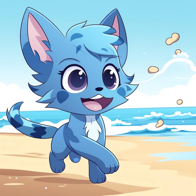Karikatur einer Katze, die an einem Strand läuft