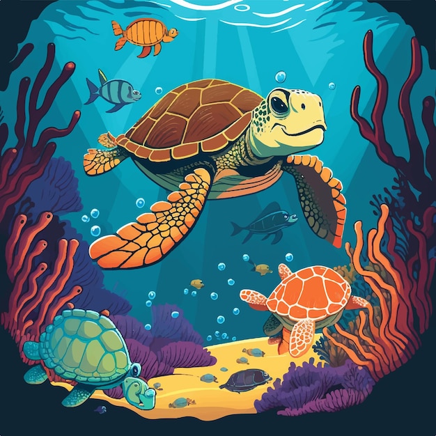 Karikatur einer Schildkröte mit Seesternen und Krabben unter Wasser