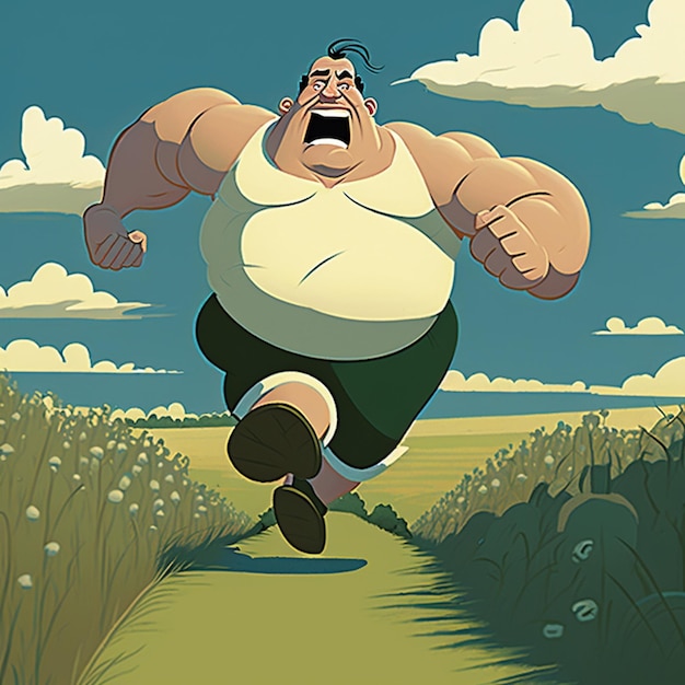 Karikatur eines Mannes, der auf einem Feld mit einem Himmelshintergrund rennt