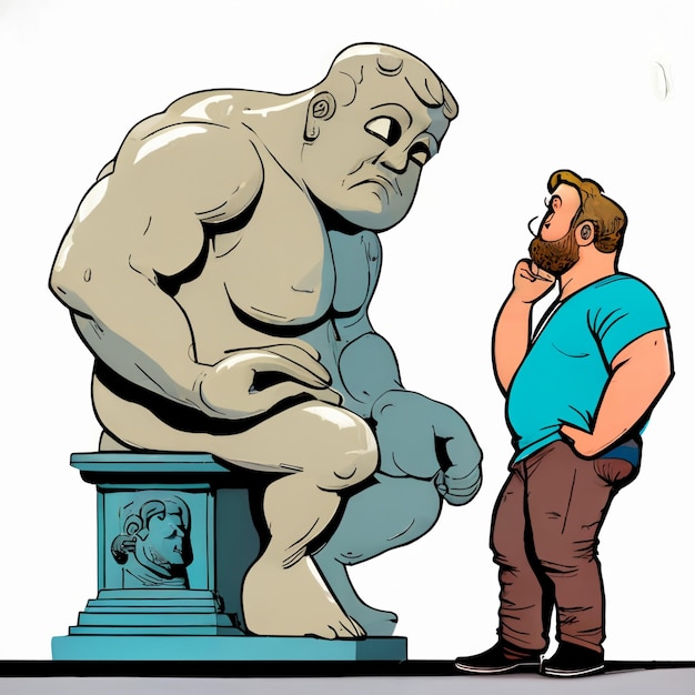 Karikatur eines Mannes, der neben einer generativen KI-Statue steht