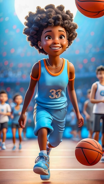 Karikatur eines schwarzen Teenagermädchens auf einem Basketballplatz, das lächelt und sich mit blau gekleideten Locken amüsiert