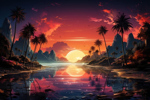 Karikatur, flacher Panoramalandschaft, Sonnenuntergang mit Palmen auf farbenfroher Hintergrundillustration