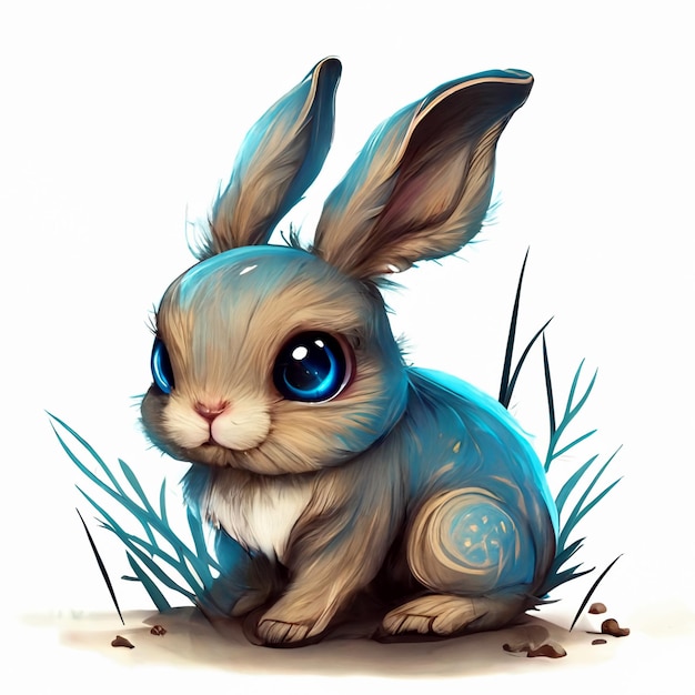 Karikatur Kaninchen mit blauen Augen sitzt im Gras generative ai