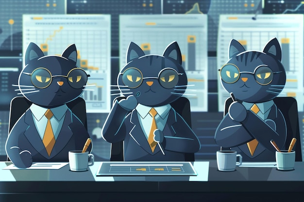 Karikatur-Katzen-Team in formeller Kleidung analysiert Diagramme auf einer digitalen Tafel